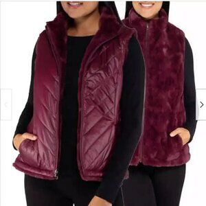 Nicole Miller Womens Original Faux Fur Reversible Vest (Wine, XX-large)